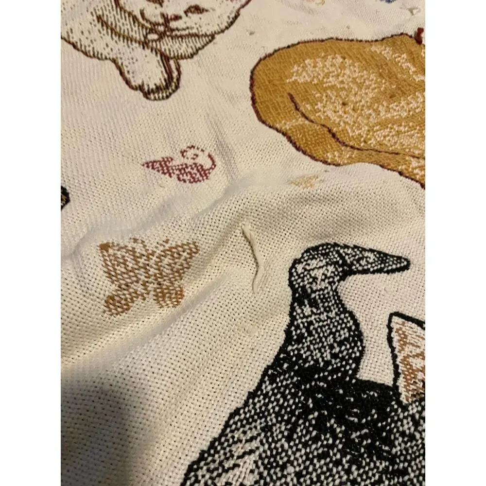 VTG Cat Tapestry Throw Blanket Reversible Woven Cotton Beige Fringe Paw READ